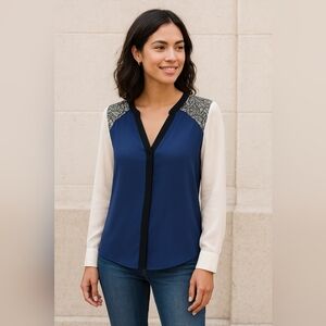 Women's Blue and White Lace Blouse